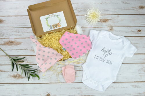 Pink 'Hello I'm New Here' Letterbox Baby Gift