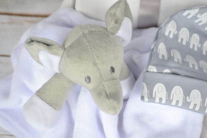 White elephant comforter baby gift box