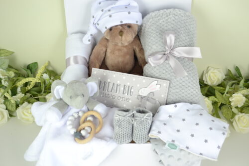 Large, neutral, traditional bear baby gift box